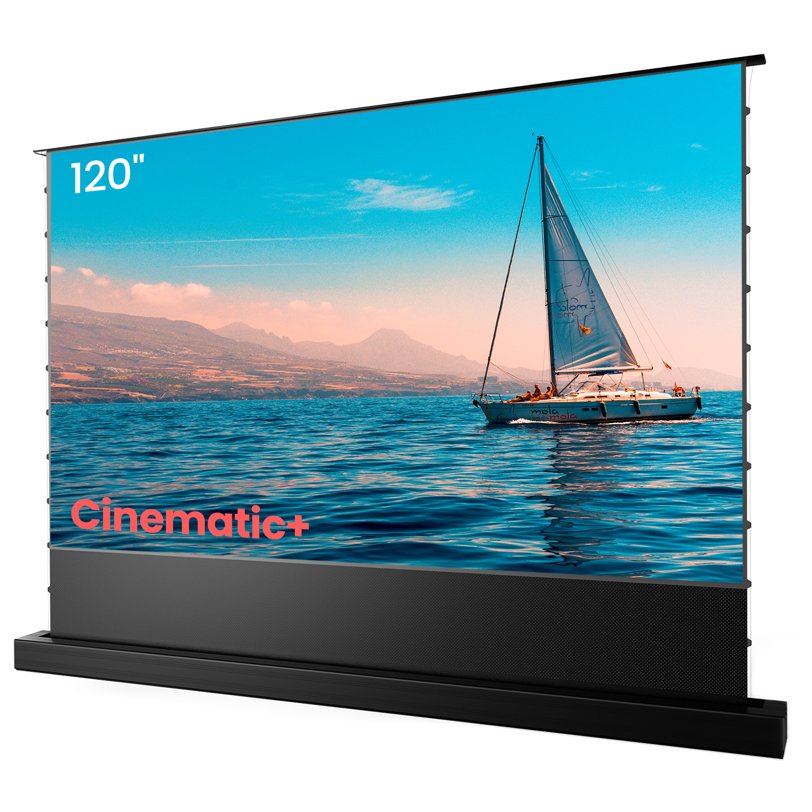 120-inch AWOL Vision Cinematic+ ALR floor rising projector screen with an image of a sailboat on a sunny day.