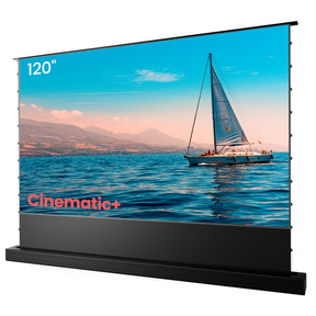 120-inch AWOL Vision Cinematic+ ALR floor rising projector screen with an image of a sailboat on a sunny day.